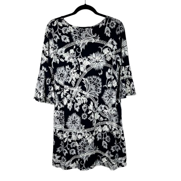 Espresso Womens Size M Dress Navy White Embroidered Bell Sleeve Above Knee - Picture 2 of 5
